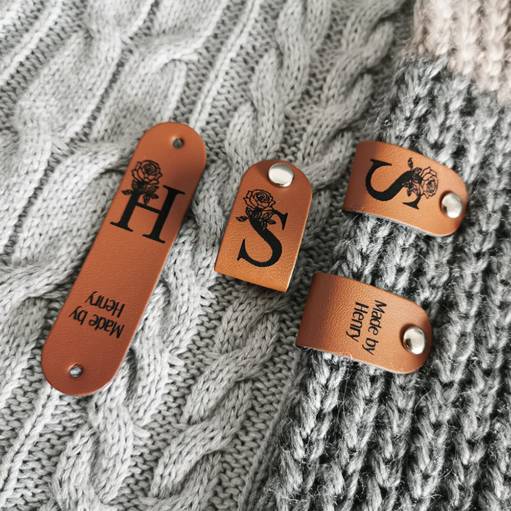 Tag for Handmade Item, Custom Leather Label, Handmade Crochet Tag, Personalised Handmade Labels, Tag With Flower (Rivets Included),64x16mm