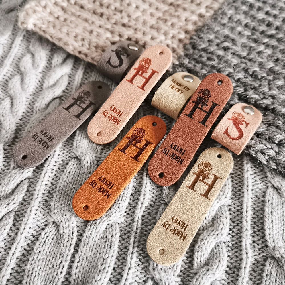 Tag for Handmade Items, Custom Clothing Label, Handmade Crochet Label, Craft Tags with Flower, Personalised Handmade Labels (Rivets Included),64x16mm