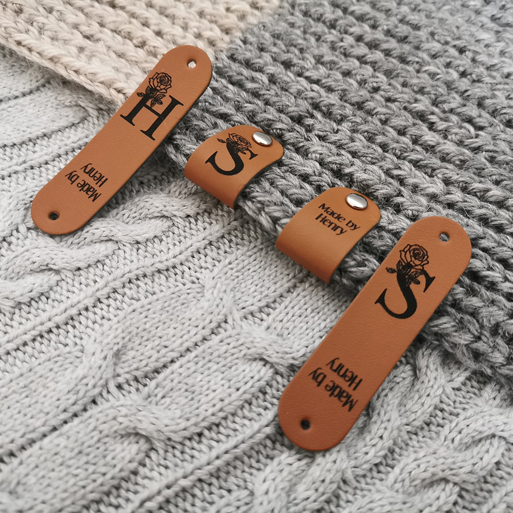 Tag for Handmade Item, Custom Leather Label, Handmade Crochet Tag, Personalised Handmade Labels, Tag With Flower, 64x16mm
