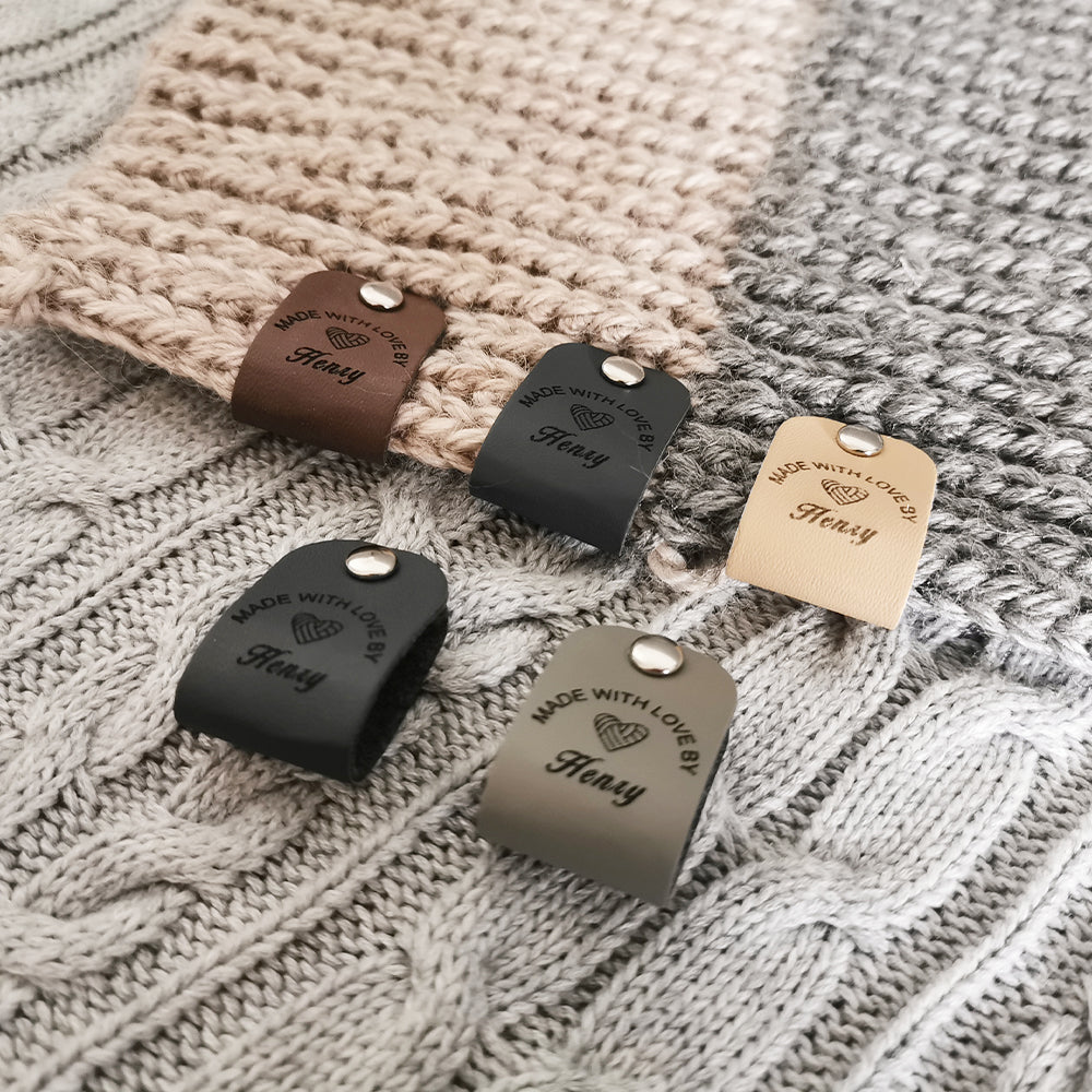 Labels for Handmade Items, Personalised Leather Tags, Custom Leather Labels, Made With Love Labels (Rivets Included), 64x20mm