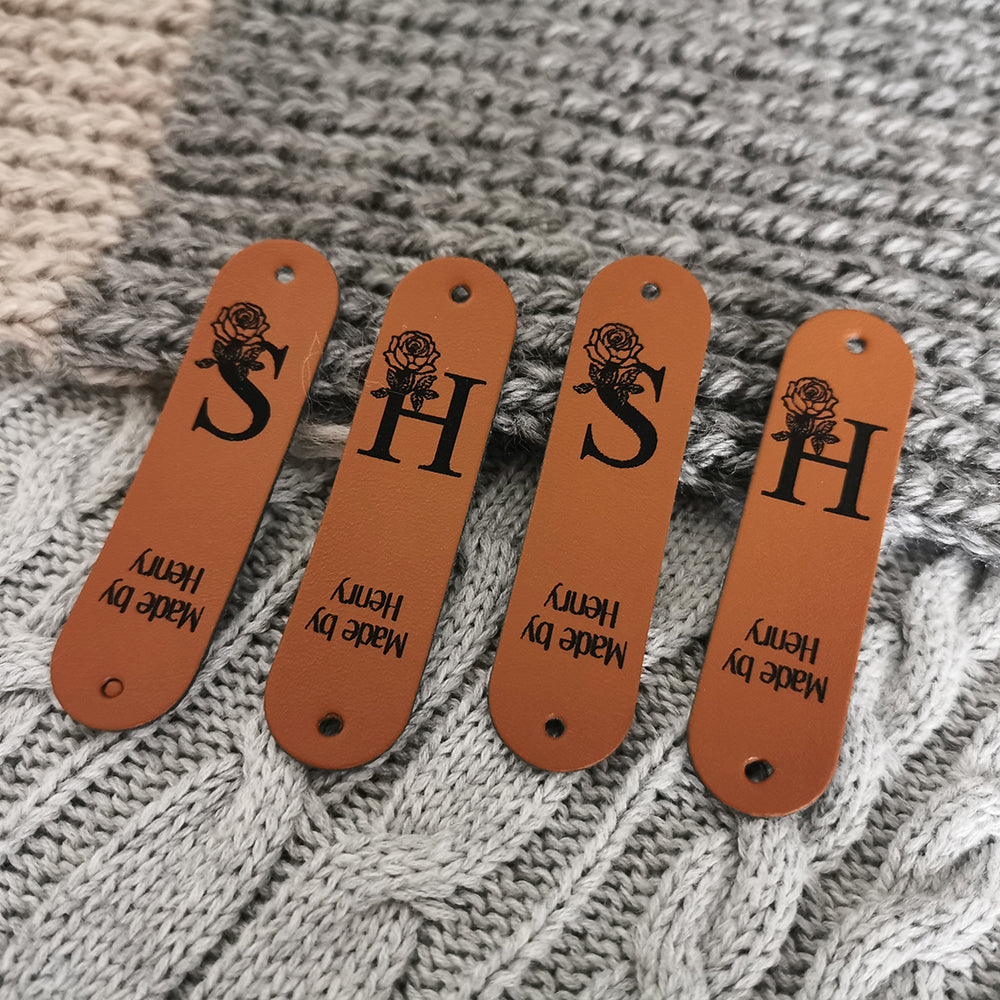 Tag for Handmade Item, Custom Leather Label, Handmade Crochet Tag, Personalised Handmade Labels, Tag With Flower, 64x16mm