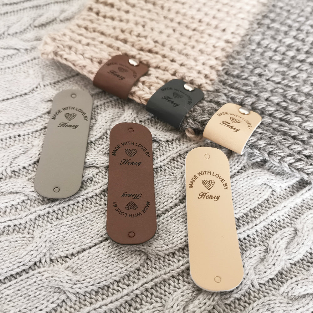 Labels for Handmade Items, Personalised Leather Tags, Custom Leather Labels, Made With Love Labels (Rivets Included), 64x20mm
