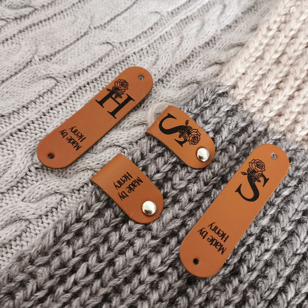 Tag for Handmade Item, Custom Leather Label, Handmade Crochet Tag, Personalised Handmade Labels, Tag With Flower, 64x16mm