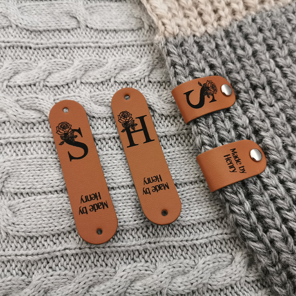 Tag for Handmade Item, Custom Leather Label, Handmade Crochet Tag, Personalised Handmade Labels, Tag With Flower, 64x16mm