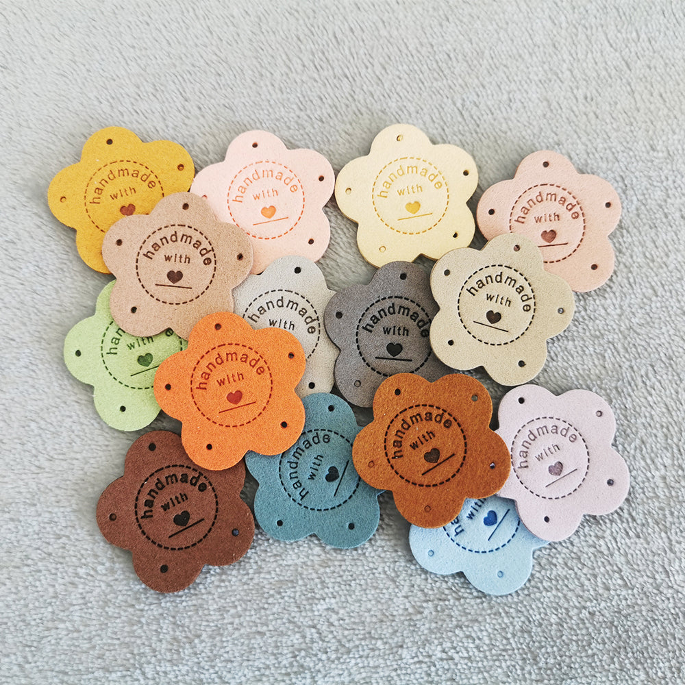 Handmade x10 pcs, Handmade Product Labels, Fabric Labels for Handmand Item, Flower Labels for Crochet, 35x35mm