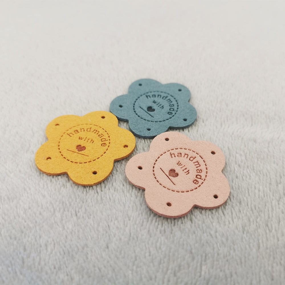Handmade x10 pcs, Handmade Product Labels, Fabric Labels for Handmand Item, Flower Labels for Crochet, 35x35mm
