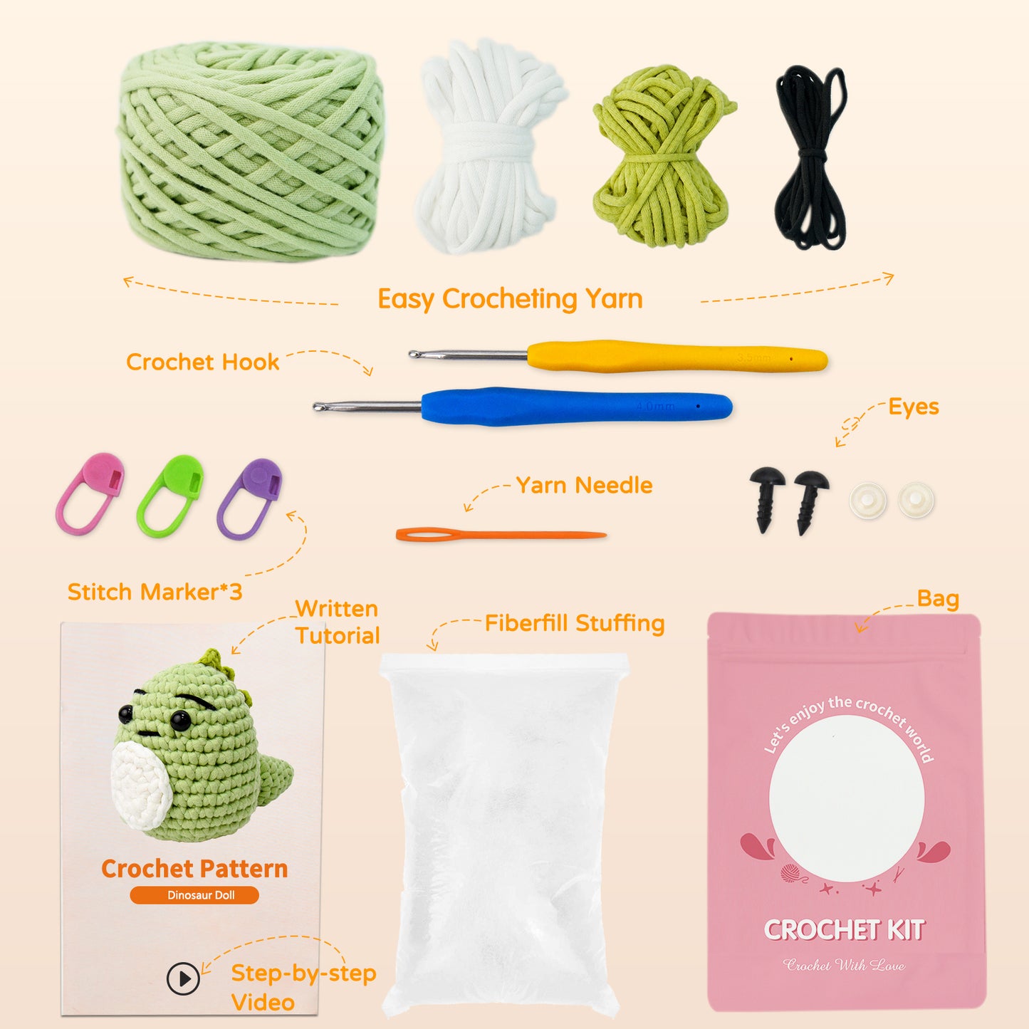 Beginner Dinosaur Crochet Kit, Amigurumi Crochet Starter Kit DIY Craft Gift