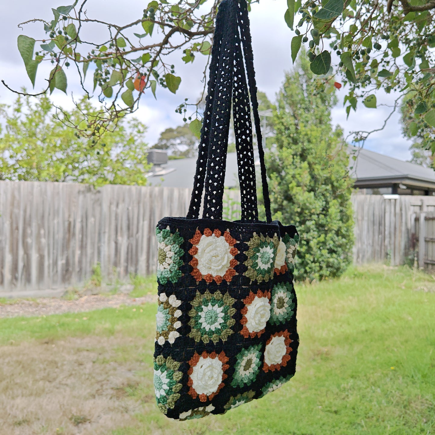 Handmade Midnight Meadow Crochet Tote, Soft Shoulder Bag, Gift for Her