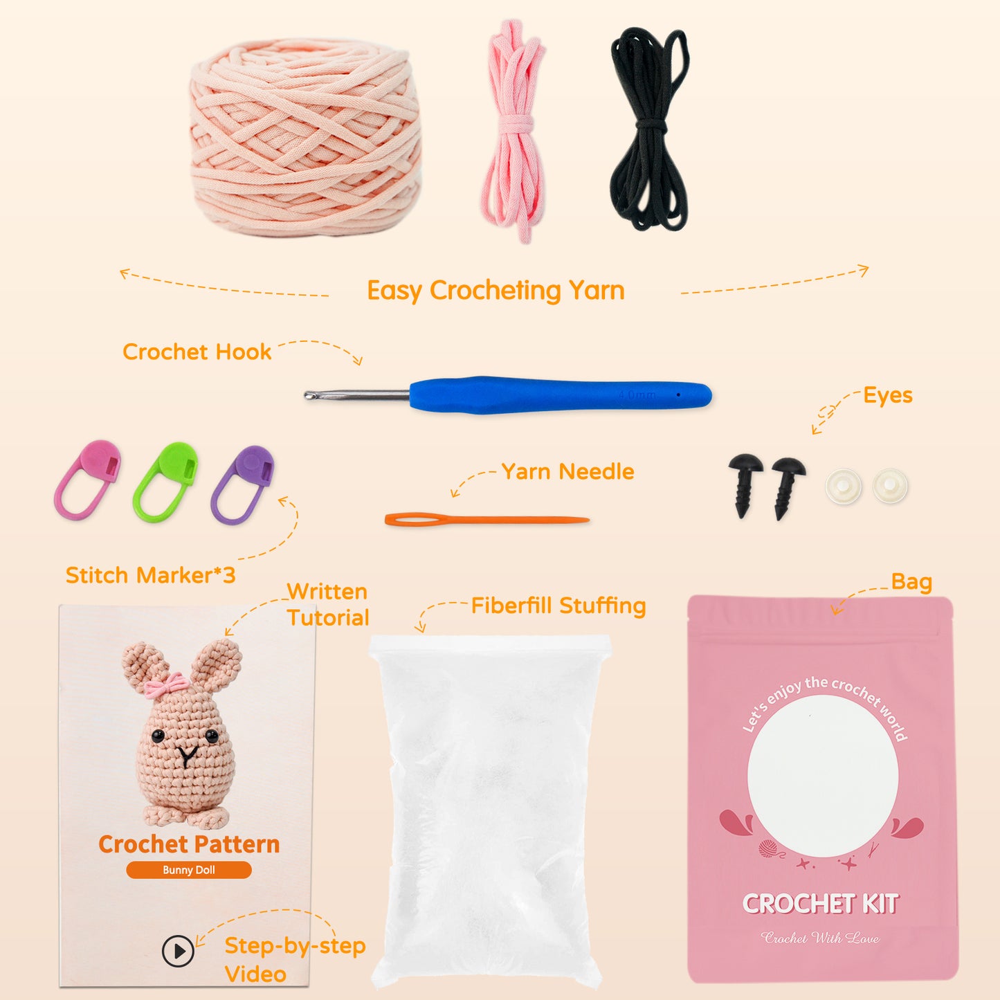 Beginner Bunny Crochet Kit, Amigurumi Crochet Starter Kit DIY Craft Gift