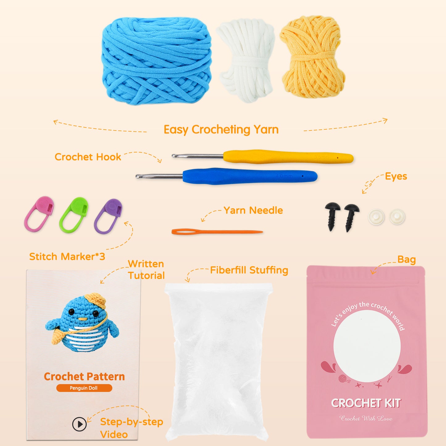 Penguin Crochet Kit for Beginners, Amigurumi Crochet Starter Kit, DIY Craft Kit