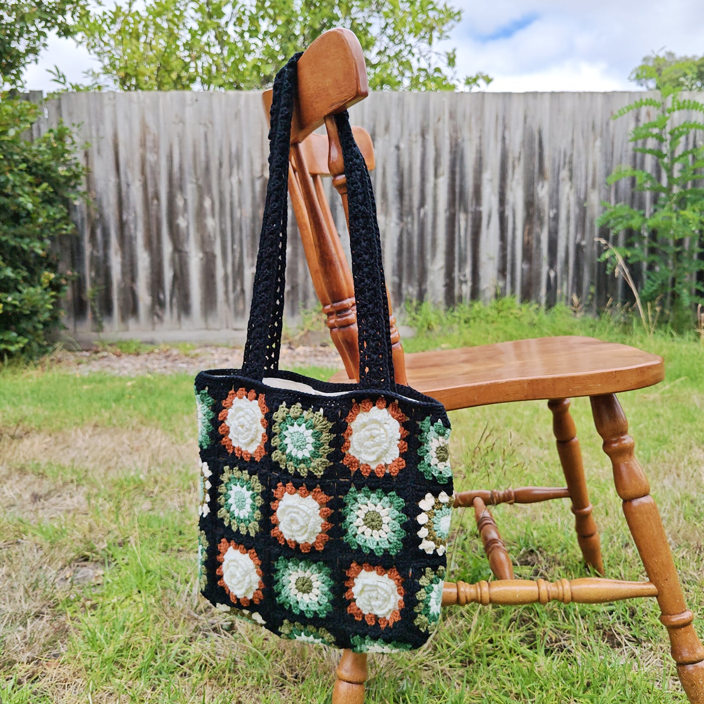 Handmade Midnight Meadow Crochet Tote, Soft Shoulder Bag, Gift for Her