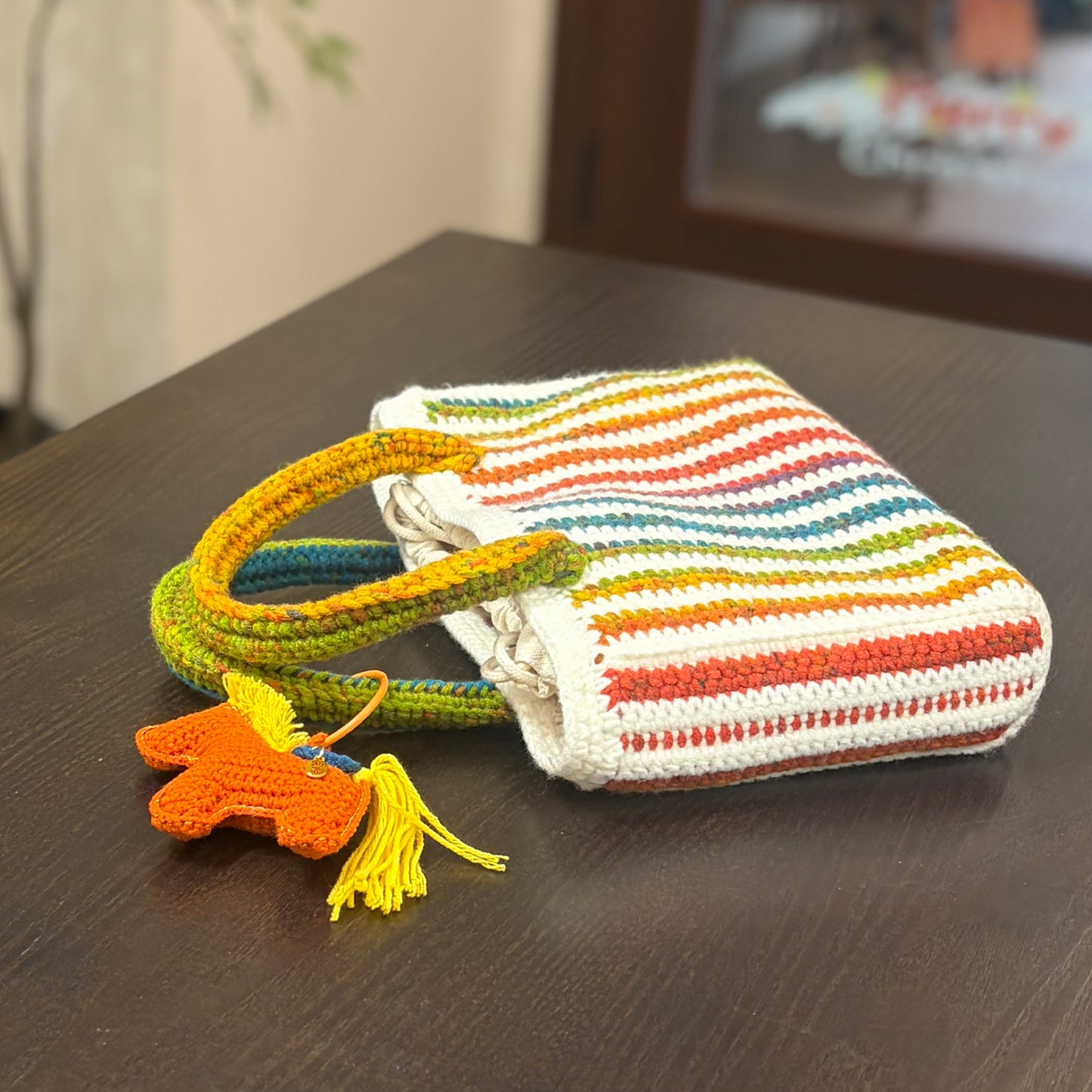 Handmade Crochet Tote Bag, Colorful Striped Cotton Bag, Handbag Gift for Her