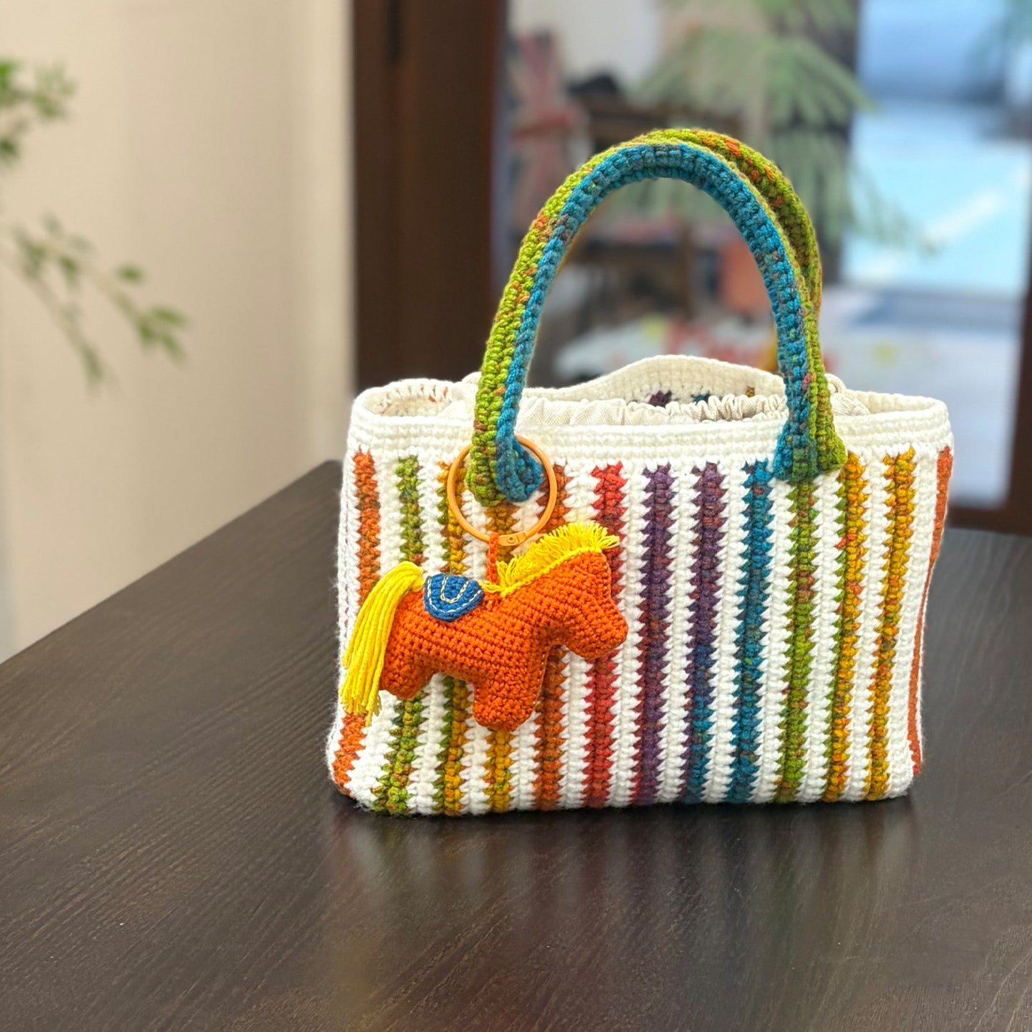 Handmade Crochet Tote Bag, Colorful Striped Cotton Bag, Handbag Gift for Her