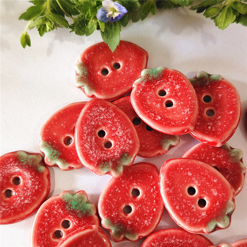 Handmade Strawberry Ceramic Buttons – Set of 2 for Sewing, Knitting & Crochet - 16x20mm