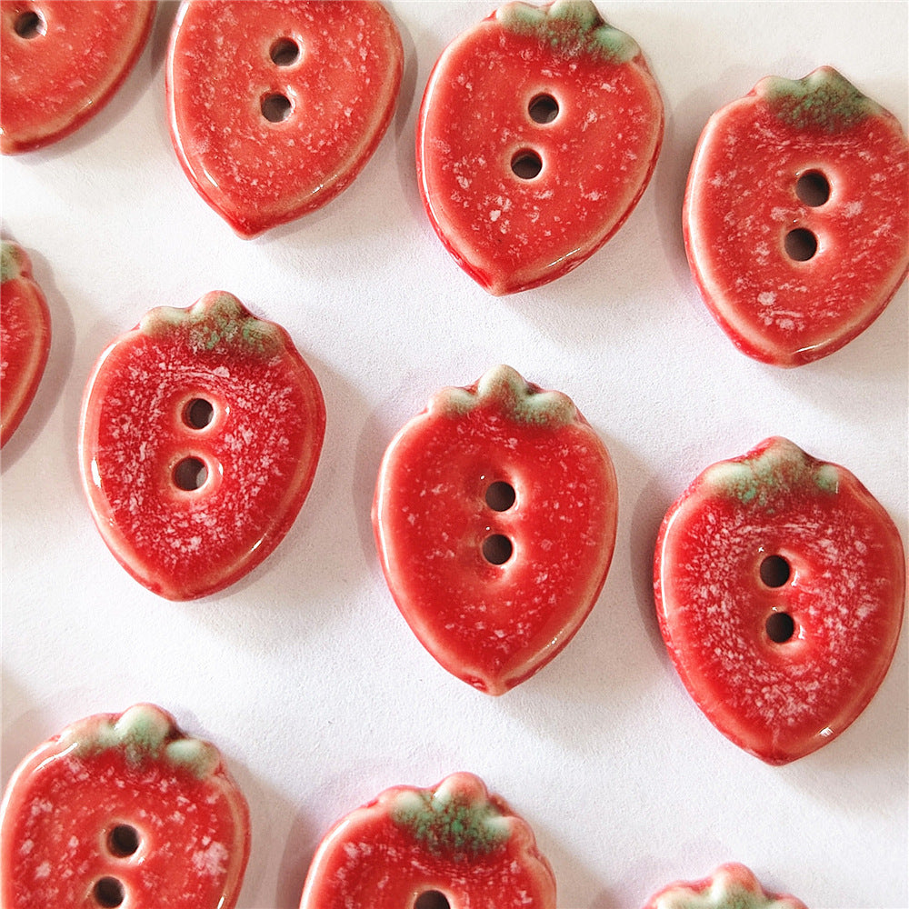 Handmade Strawberry Ceramic Buttons – Set of 2 for Sewing, Knitting & Crochet - 16x20mm