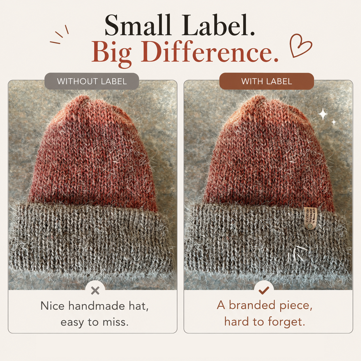 Custom Labels for Crochet, Tag for Handmade Item, Custom Clothing Label, Personalised Handmade Labels (Rivets Included), 64x16mm