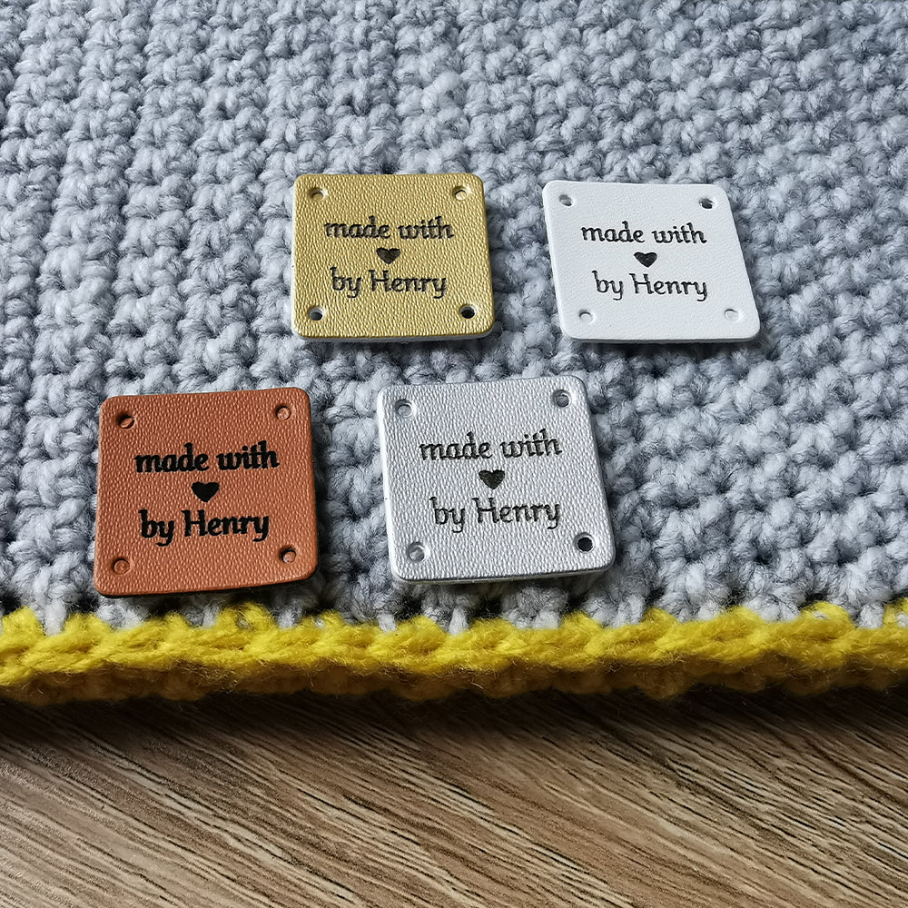 Personalised Square Leather Tags, Custom Tags for Crochet, Made With Love,  25x25mm